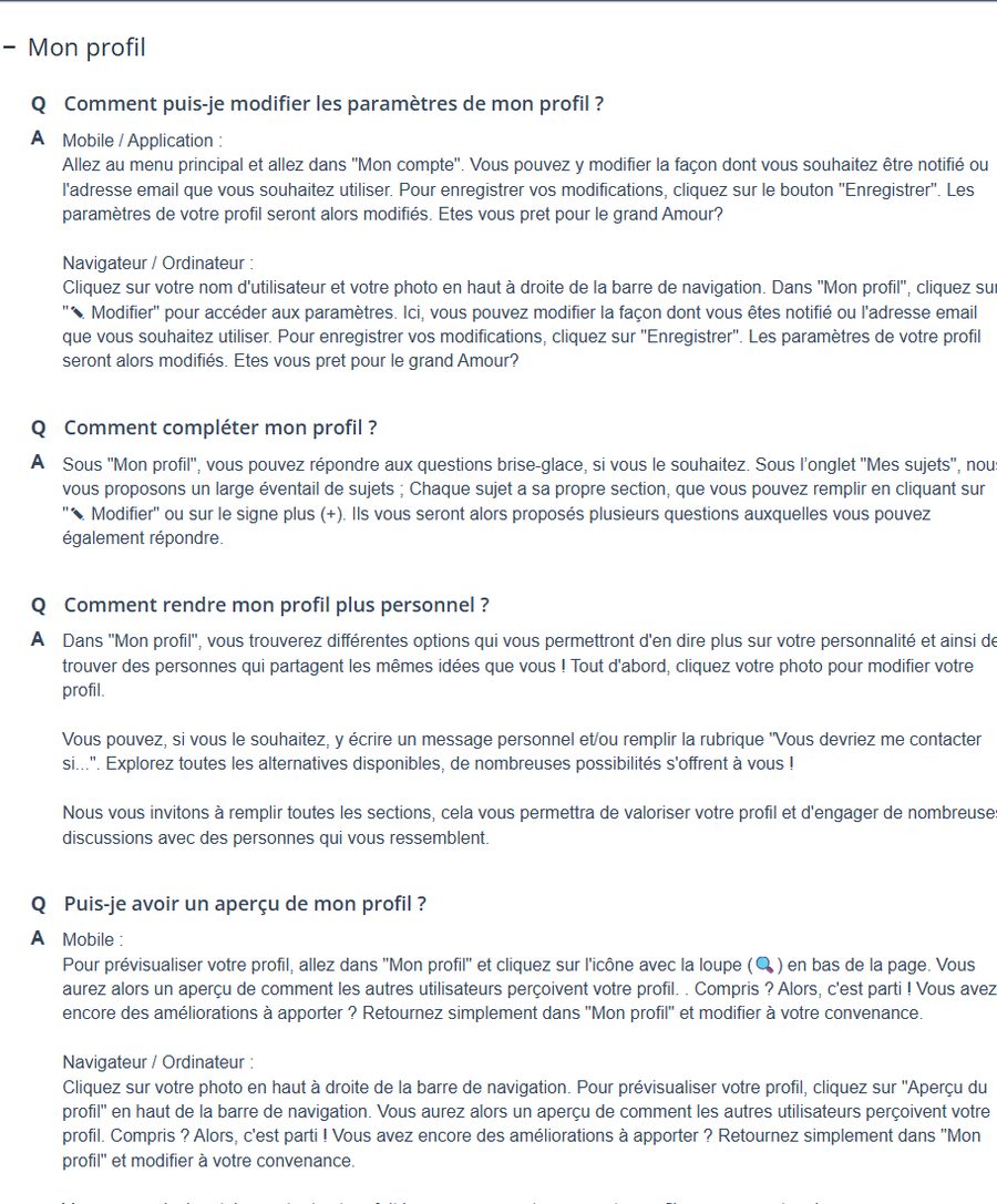 FAQ eDarling, rubrique Mon profil : questions brise-glace et Mes sujets