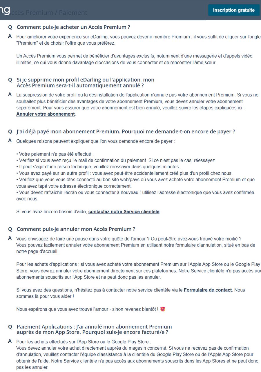 FAQ eDarling, rubrique Accès Premium et paiement