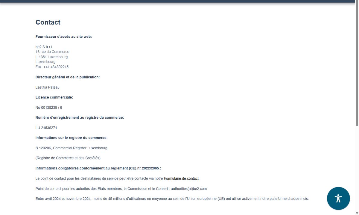 Mentions légales de fr.edarling.ch : fournisseur be2 S.à.r.l., 13 rue du Commerce, Luxembourg